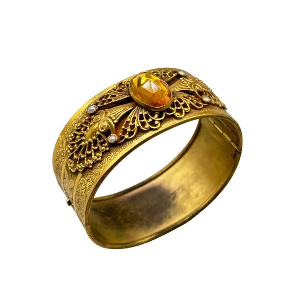 Vintage Czech Glass Hinged Bangle Bracelet Ornate Antique Costume Jewelry